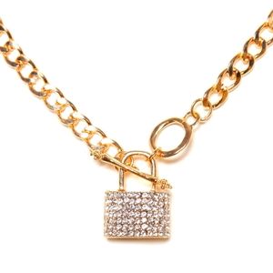 Ladies Gold Bling Faux Diamond Padlock Chain Necklace